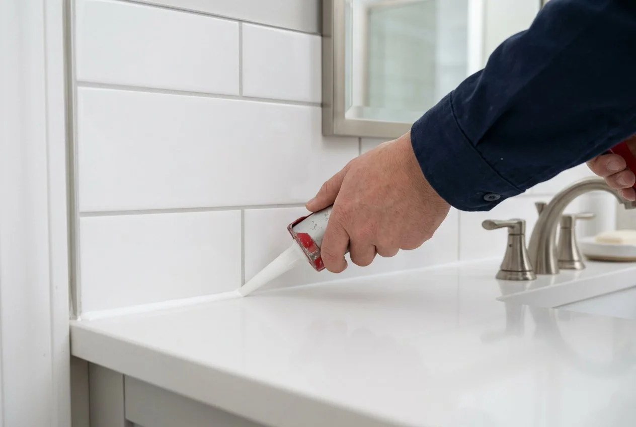 Fresh caulk being applied along a bathroom vanity backsplash