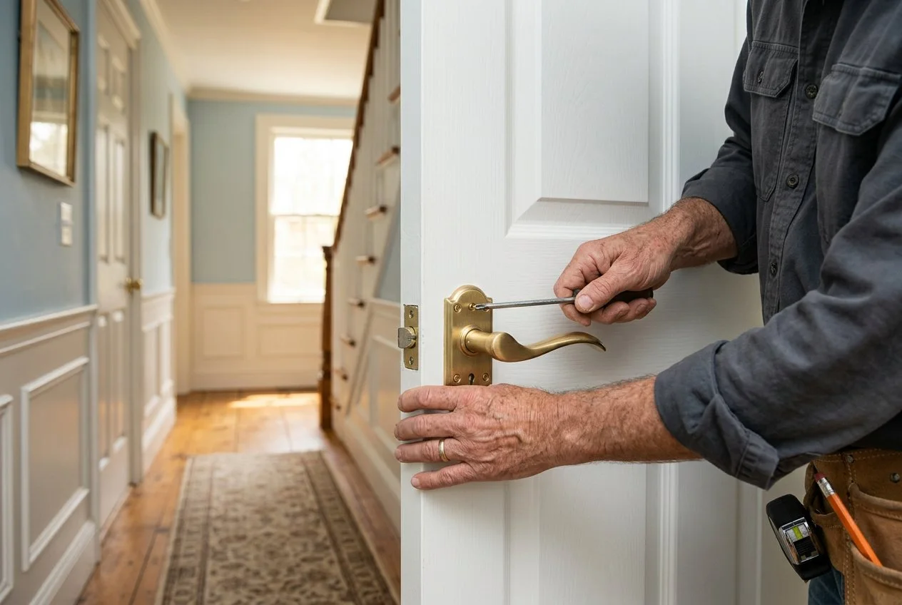 Brass lever handle being adjusted on an interior door