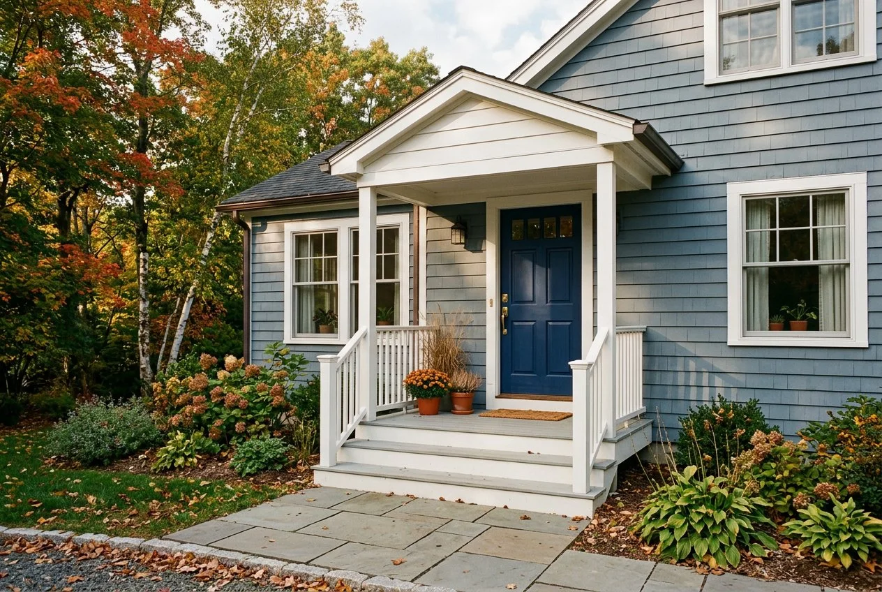 Welcoming Connecticut-style home entrance with a clear walkway and porch railing