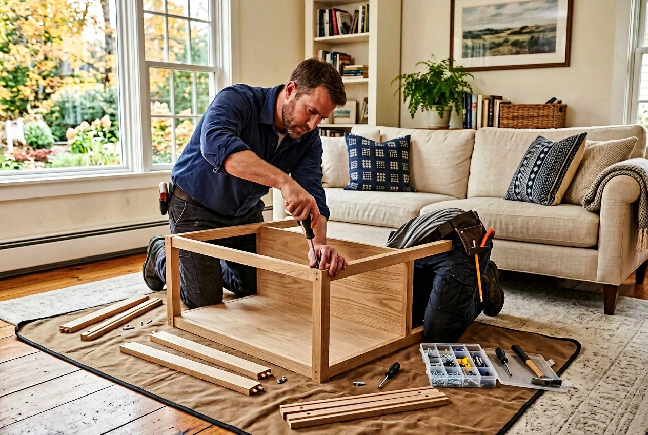 Handyman assembling an oak console table in a living room