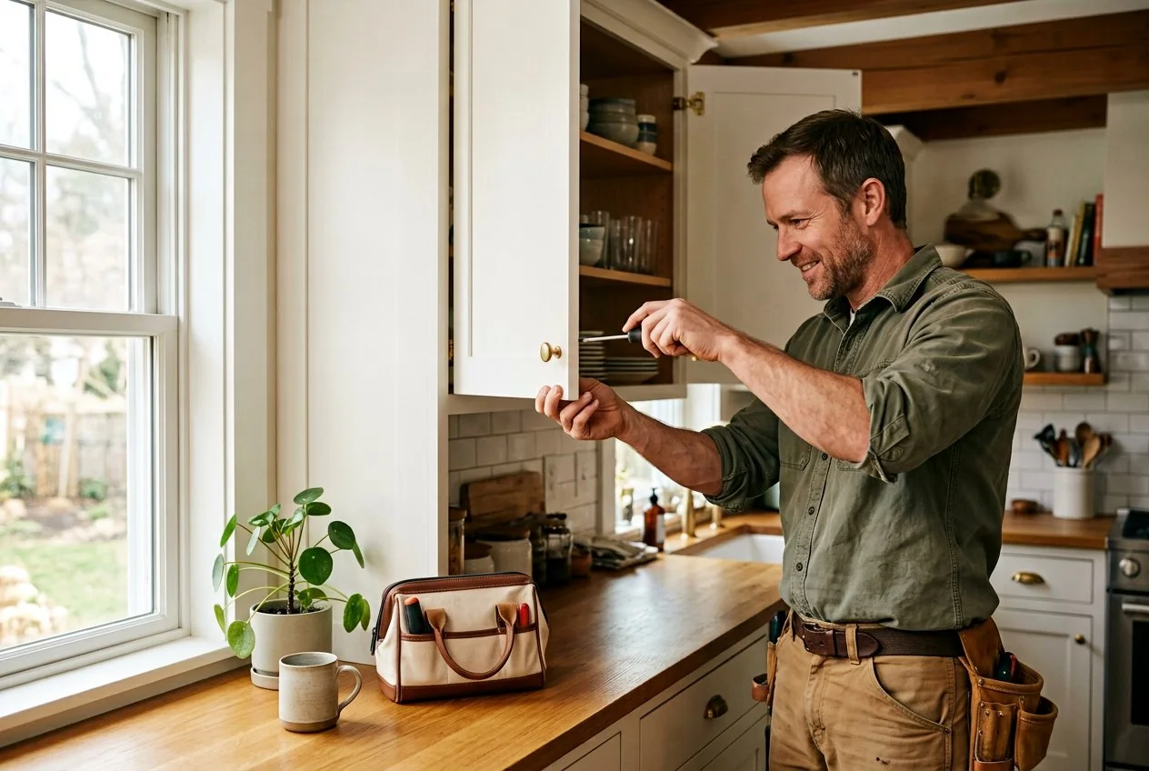 Handyman carefully adjusting a cabinet hinge in a bright, welcoming kitchen