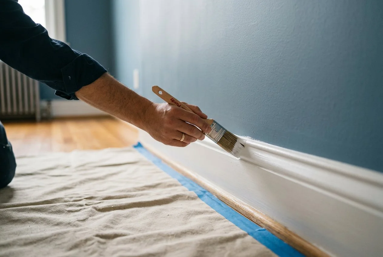 Small brush touching up white baseboard trim beside a blue wall