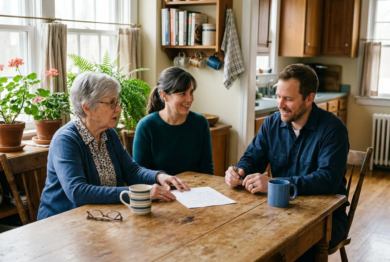 Homeowners and handyman discussing a project list at a kitchen table