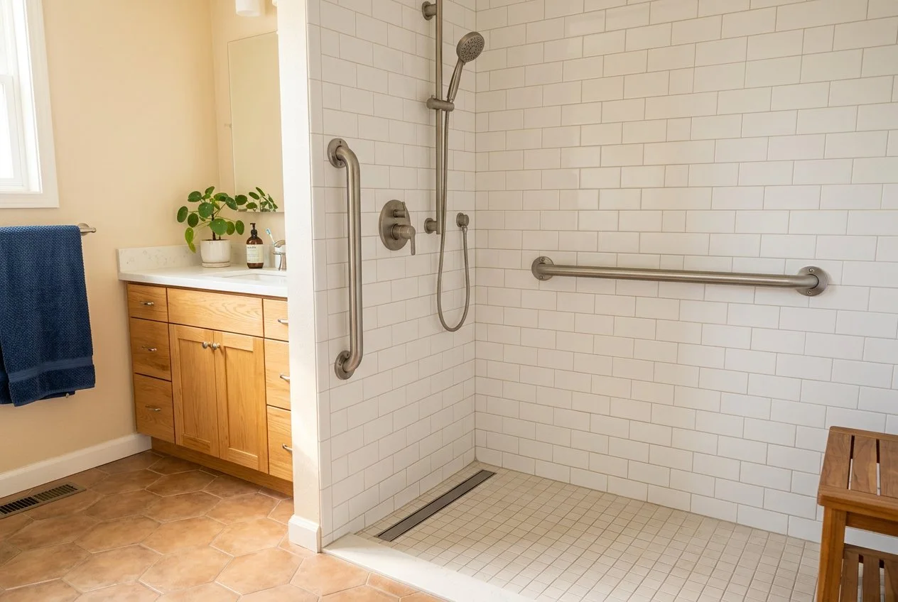 Bathroom showing grab bars and a clear shower entrance