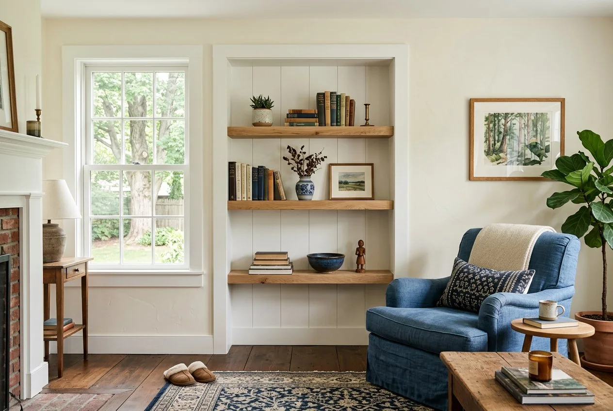 Oak shelves and organized storage in a comfortable living room