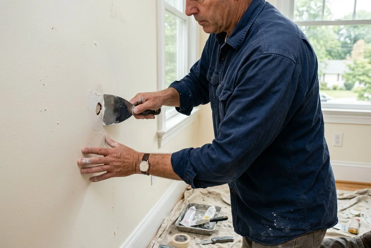 A small interior drywall area being patched with joint compound